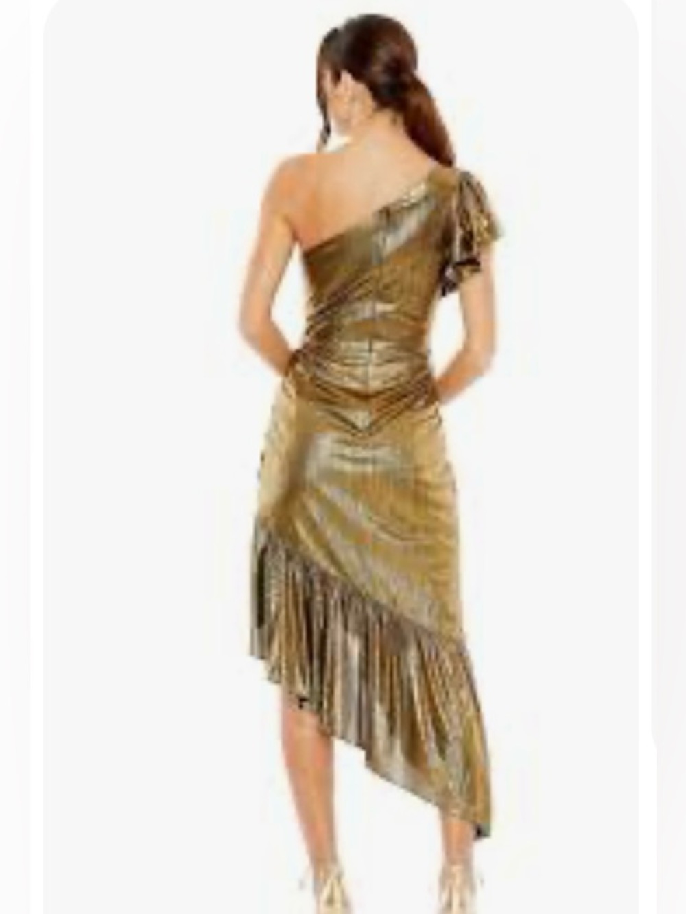 Mac Duggal 27075 Metallic Gold One-Shoulder Asymmetrical Dress. Sz L. NWT - Picture 3 of 16